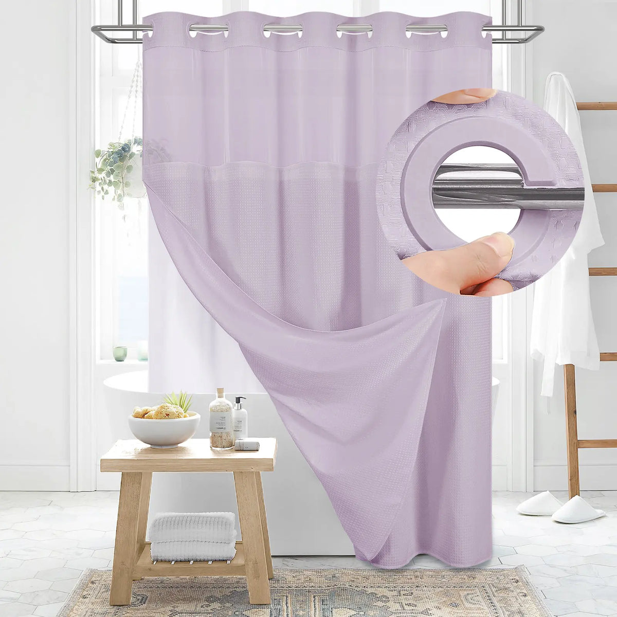 No-Hook Shower Curtains with Snap-in Fabric Detachable Liner Set