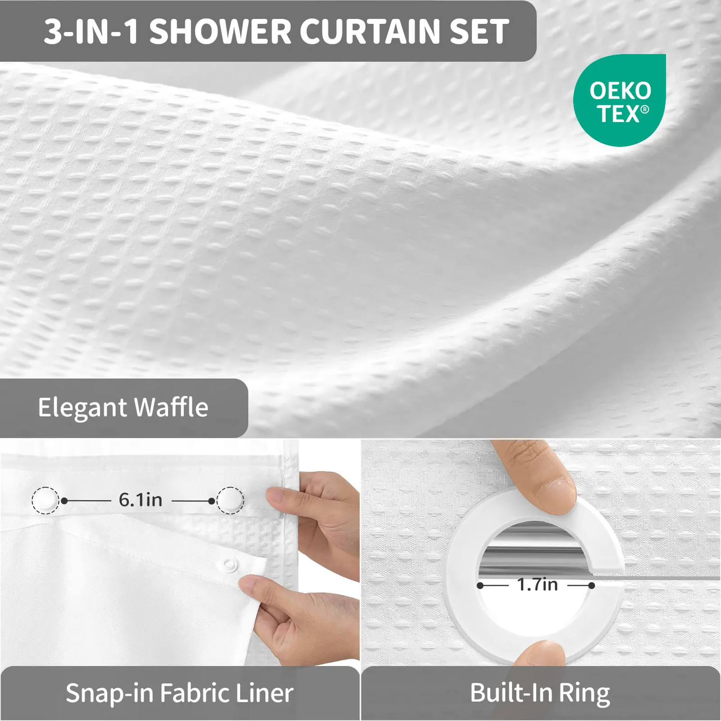 No-Hook Shower Curtains with Snap-in Fabric Detachable Liner Set