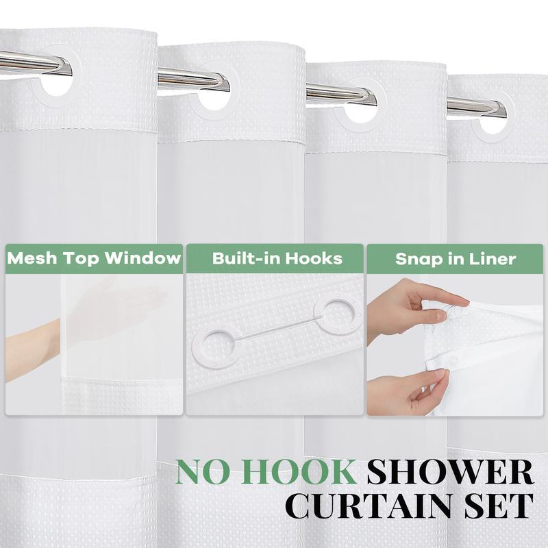 No-Hook Shower Curtains with Snap-in Fabric Detachable Liner Set