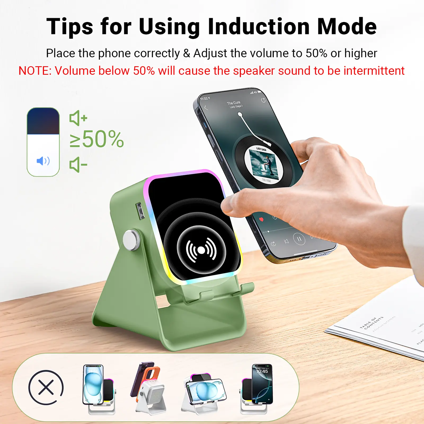 Wireless Induction Audio Speaker Stand, 5in1 Cellphone Holder
