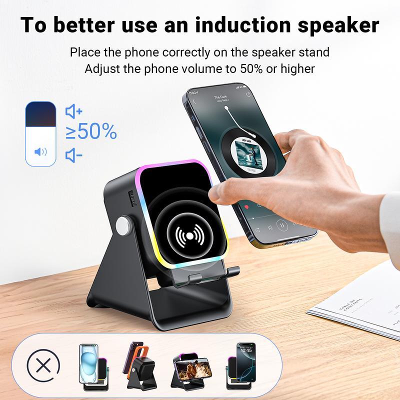 Wireless Induction Audio Speaker Stand, 5in1 Cellphone Holder