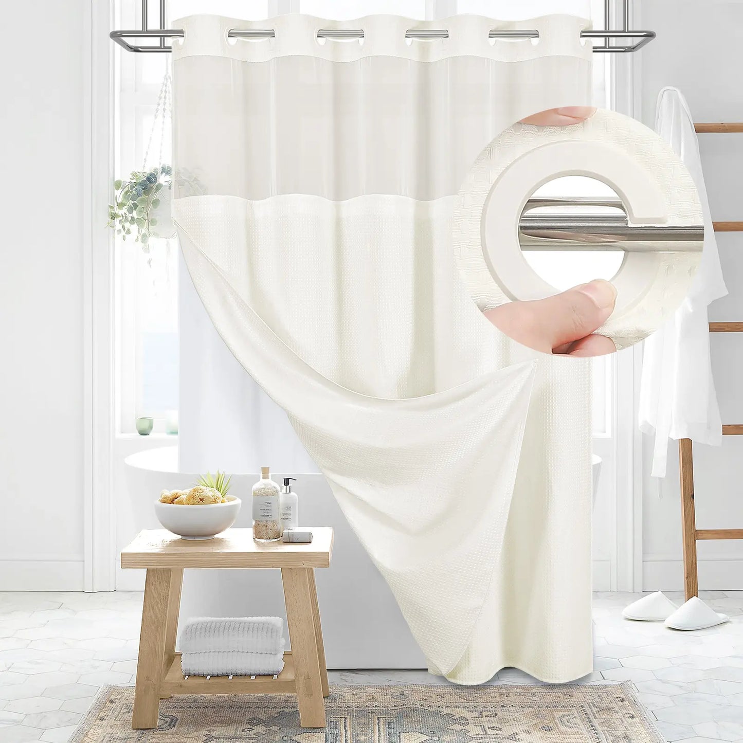 No-Hook Shower Curtains with Snap-in Fabric Detachable Liner Set