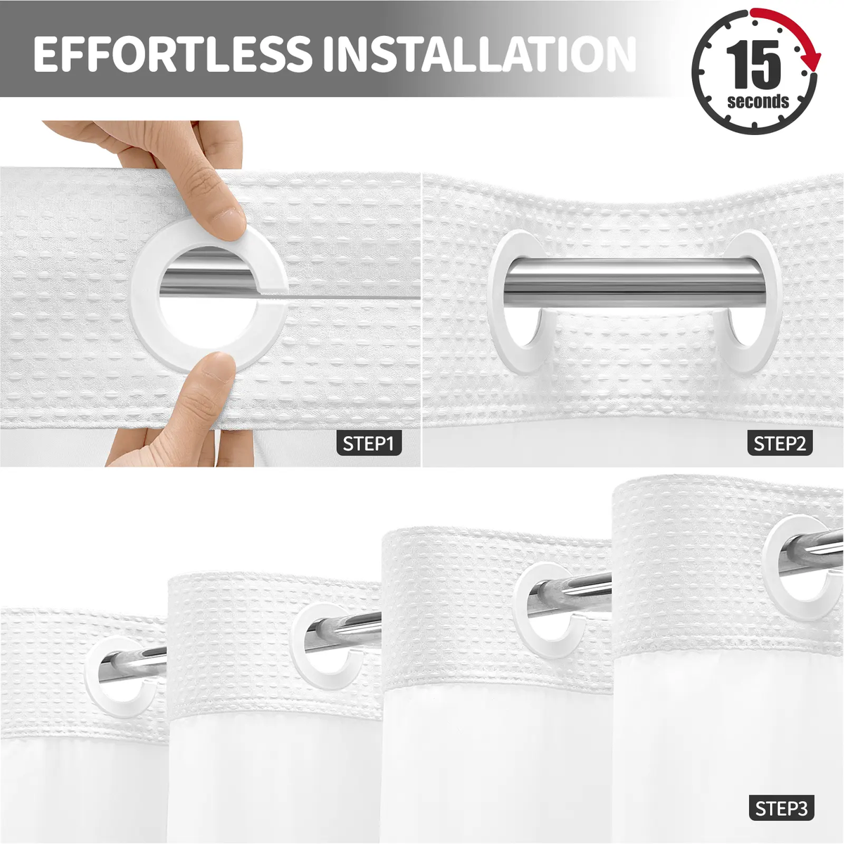 No-Hook Shower Curtains with Snap-in Fabric Detachable Liner Set